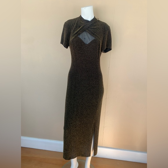 Vintage 90s Gold Peekaboo Evening Dress | Short Sleeve Mockneck Gown w Slit - Picture 3 of 11